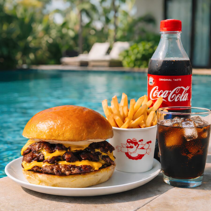 Burger and fries served poolside